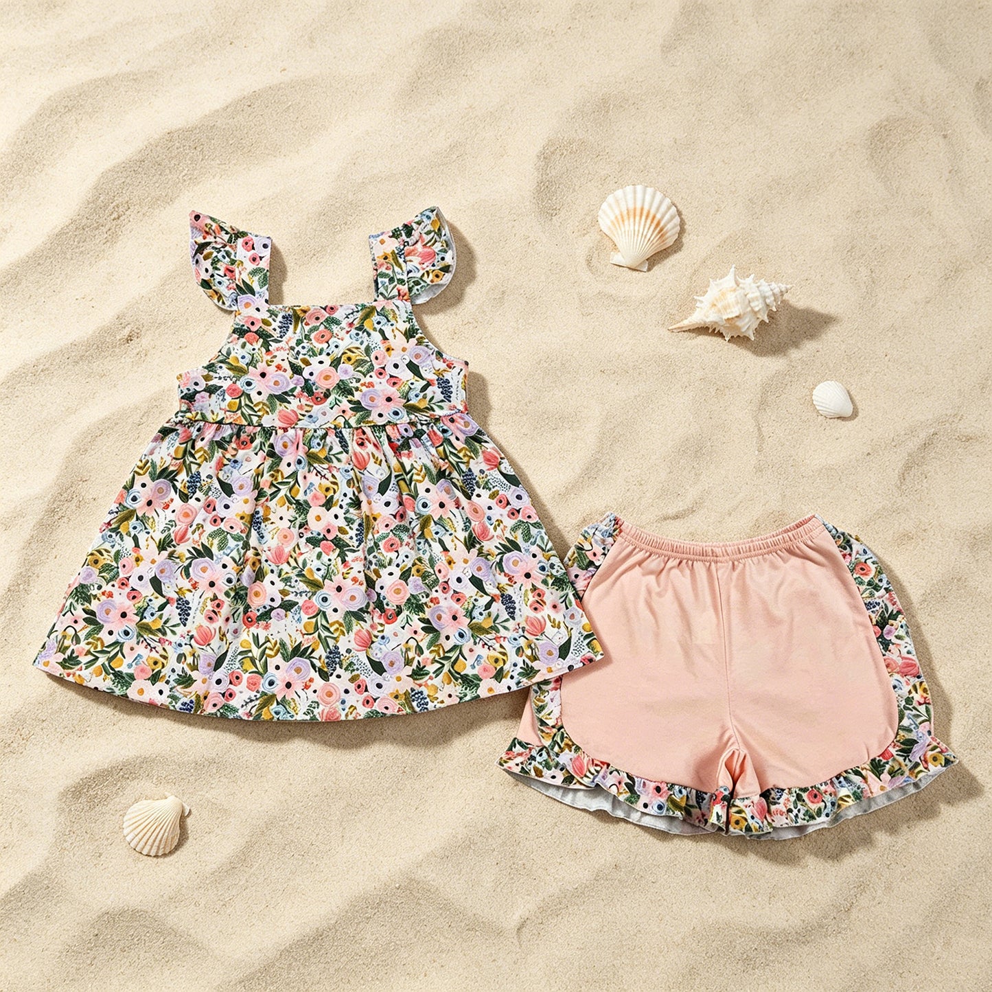 GSSO2180 RTS NO MOQ （In stock ）Flutter sleeves floral tunic ruffle shorts girls clothing