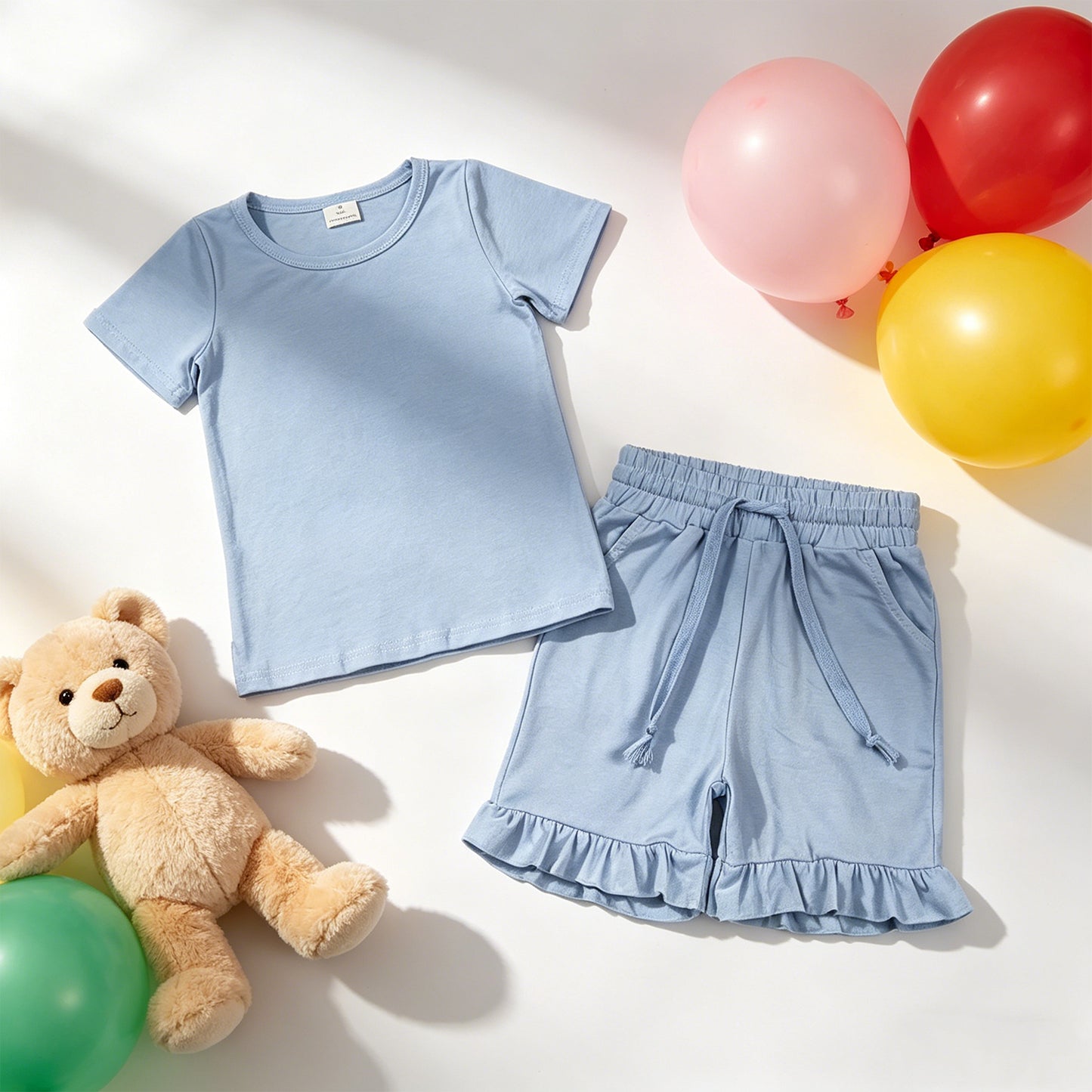 GSSO3349 RTS NO MOQ （In stock ）Short sleeves light blue cotton top ruffle shorts girls outfits）