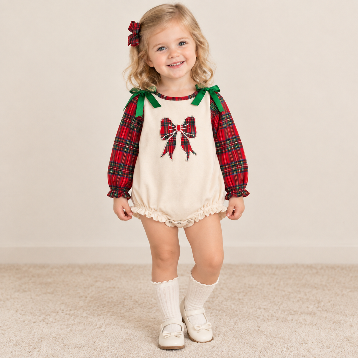 RTS NO MOQ milk silk LR3163 Embroidery Checked Bows Baby Girls Red Green Christmas Ruffle Rompers