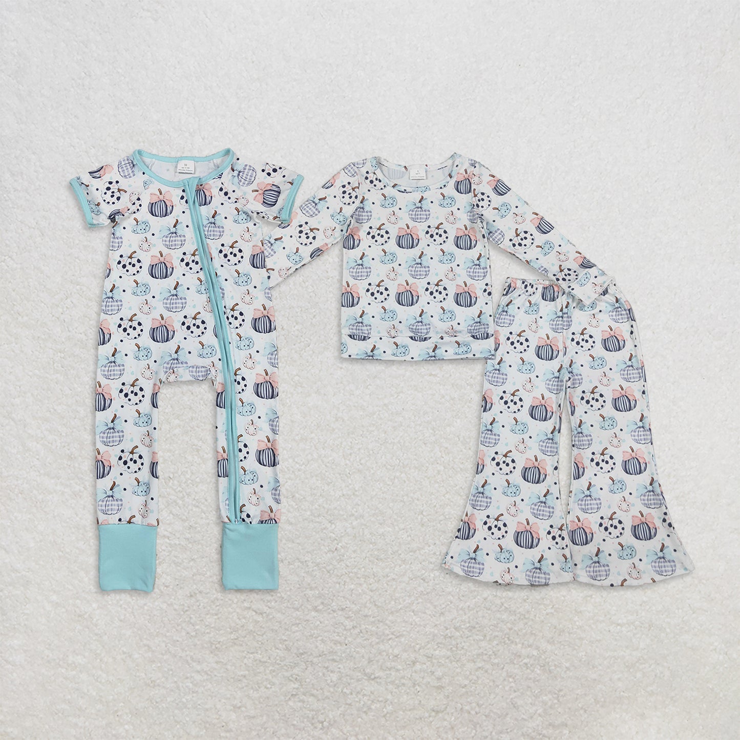 RTS NO MOQ Sibling Long sleeves pumpkin bow top pants kids girls fall clothes and romper