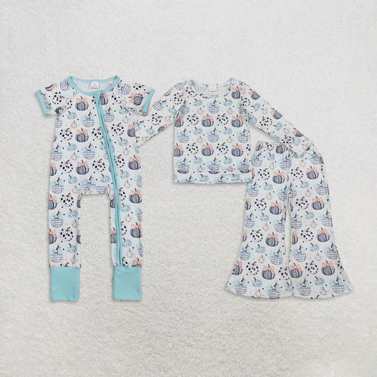 RTS NO MOQ Sibling Long sleeves pumpkin bow top pants kids girls fall clothes and romper