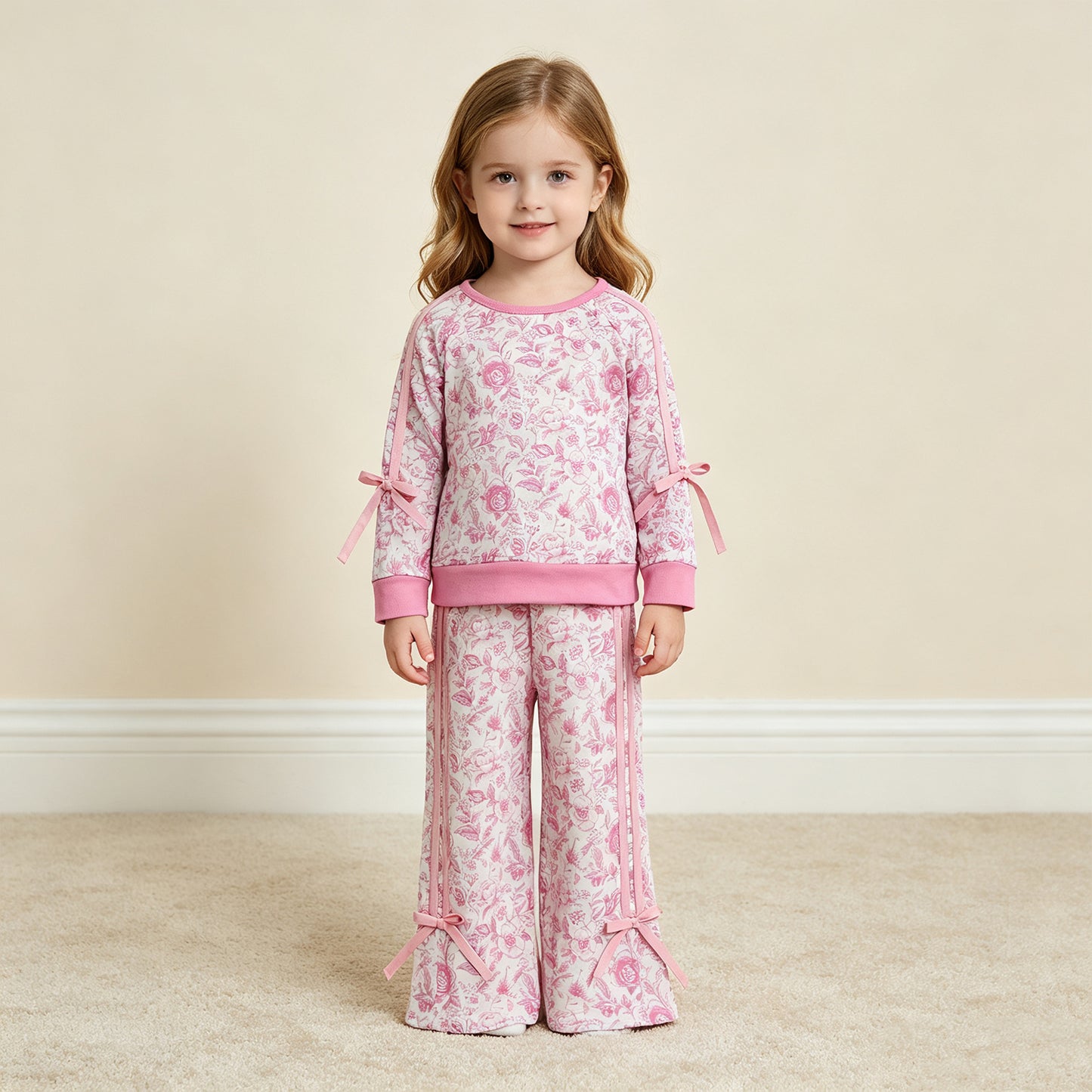 RTS NO MOQ milk silk GLP3366 Baby Girls Pink Floral Print Long Sleeve Top Pockets Flare Pant Fall Outfit Set