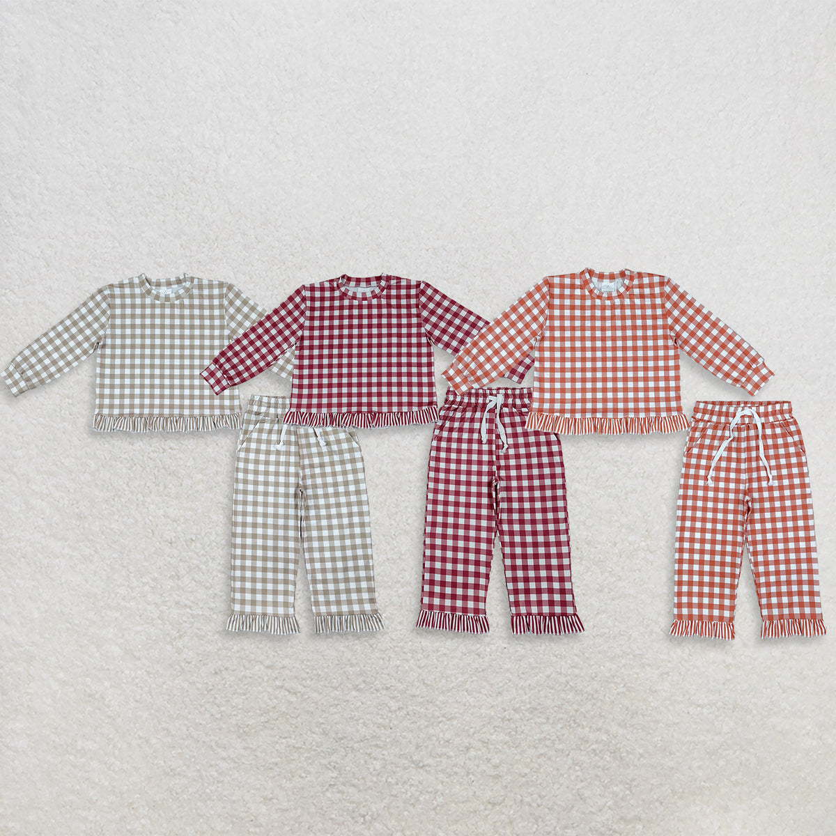 RTS NO MOQ Sibling milk silk Baby Girls Cute Gingham Plaid Long Sleeve Ruffle Top And Ruffle Pants Matching Set
