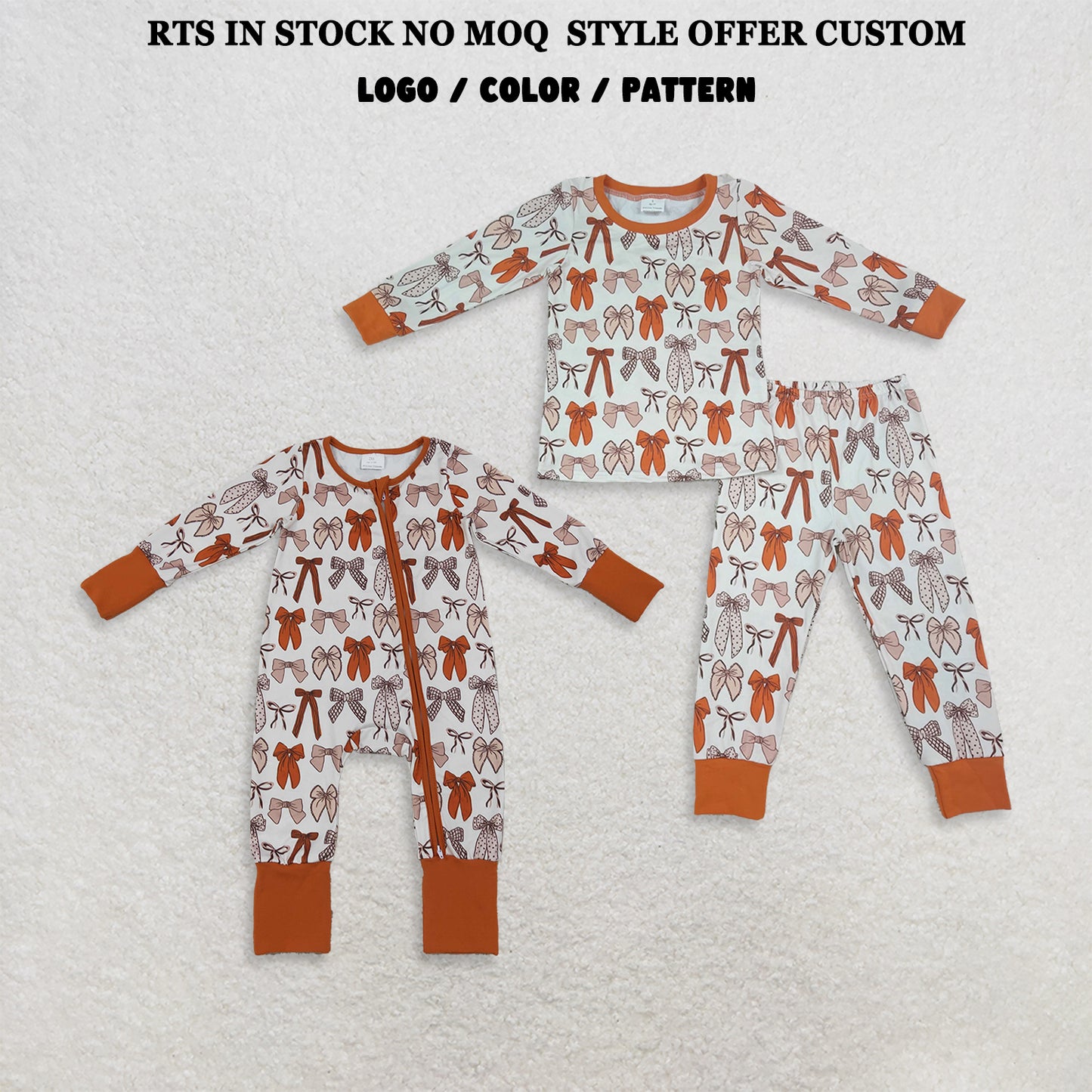 RTS NO MOQ Sibling milk silk Baby Boys Girls Long Sleeve Bows Plaid Top Pant Fall Pajamas Sets Rompers