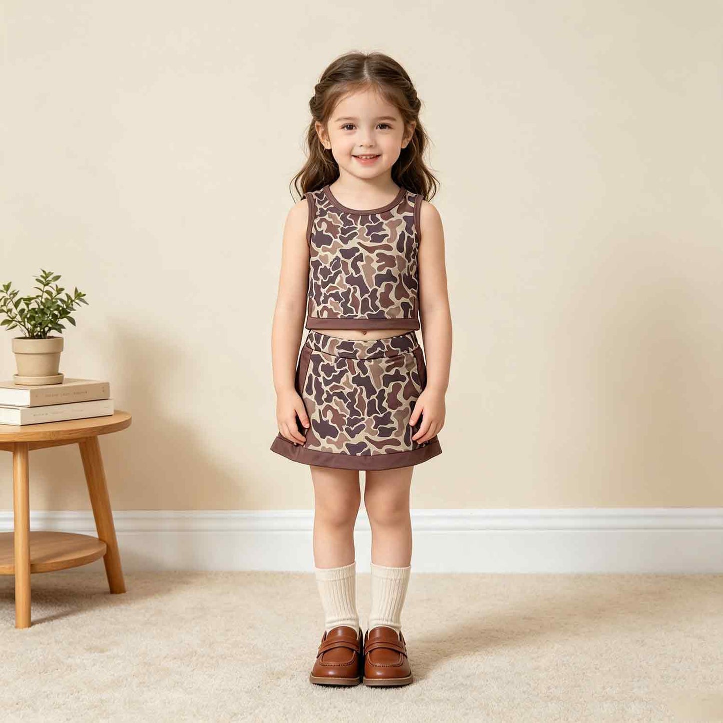 GSD4231 RTS NO MOQ （In stock） yoga fabric Baby Girls Southern Brown Camo Vest Skirt Short Yoga Active Clothes Set