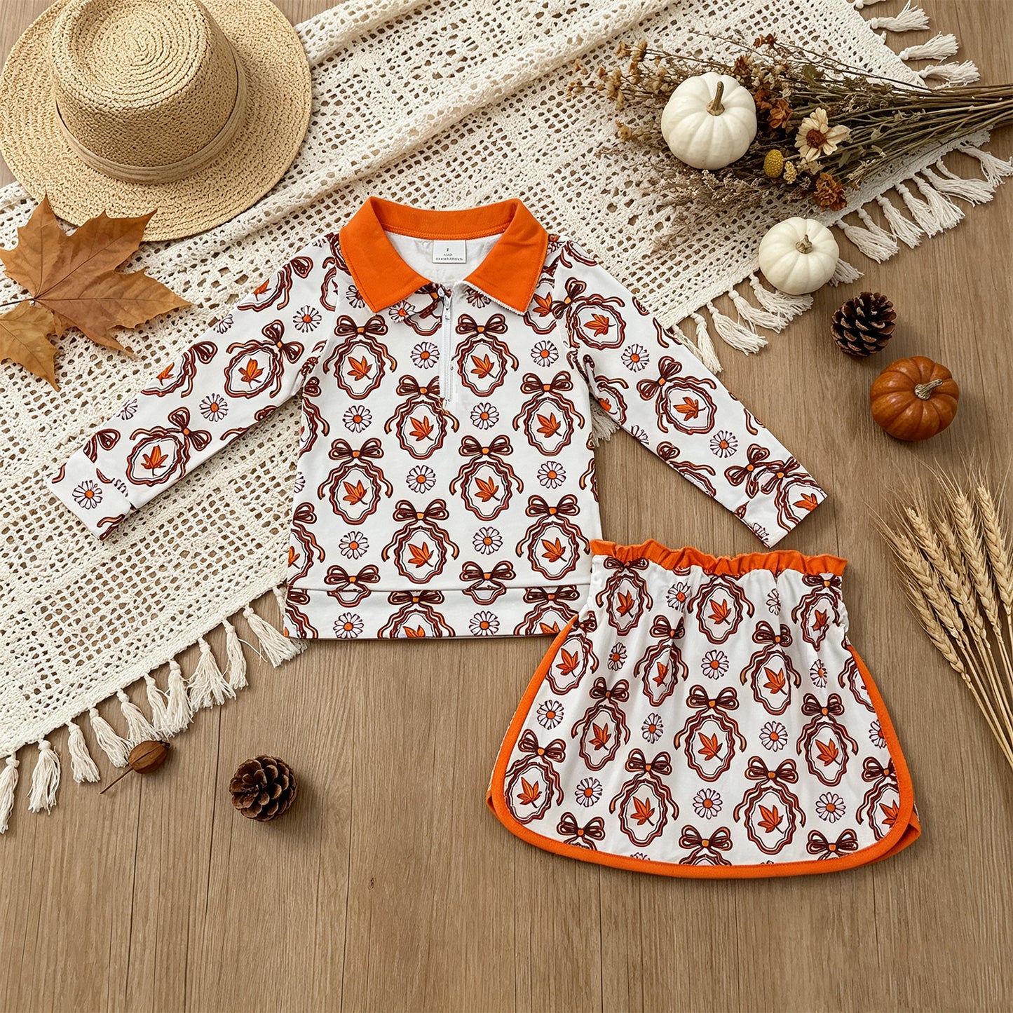 RTS NO MOQ （In stock）milk silk GLD1602 Baby Girls Long Sleeve Bow Leaf Print Zip Pullover Top Skirt Outfit