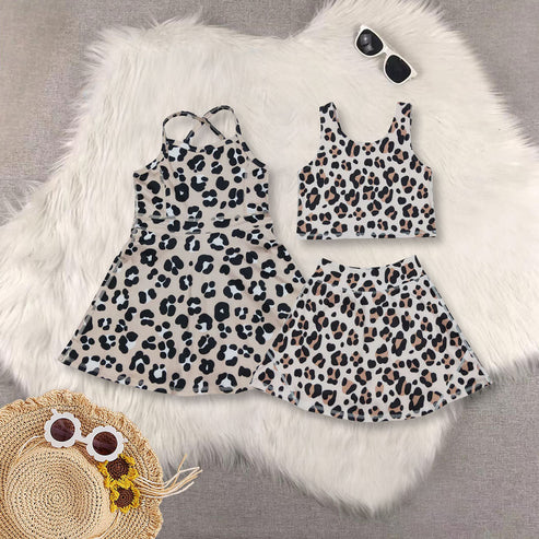 9.24 RTS Sibling Baby Girls Brown Leopard Shorts Yoga Active Knee Length Dresses Set
