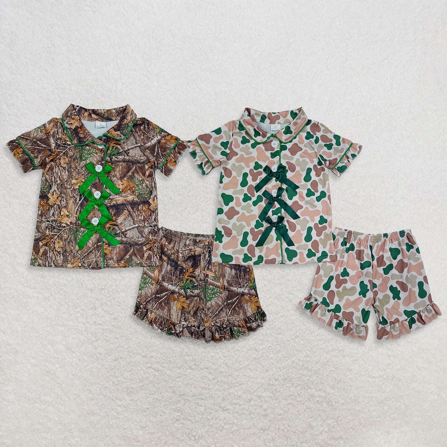 RTS Sibling Short sleeves bow camo girls button down pajamas set