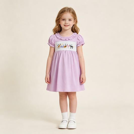 GSD3578 RTS NO MOQ （In stock ）Short sleeves animal smocked happy birthday girls dress