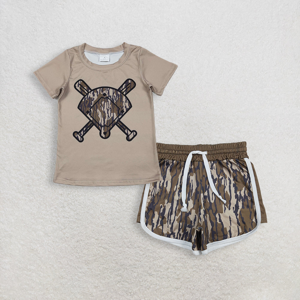 3.16 RTS NO MOQ （In stock）BT1419 + SS0739 Fashion Clothing For Baby Boys Short Sleeve Olive Camo Baseballs Team T-shirts Top Shorts Bottom