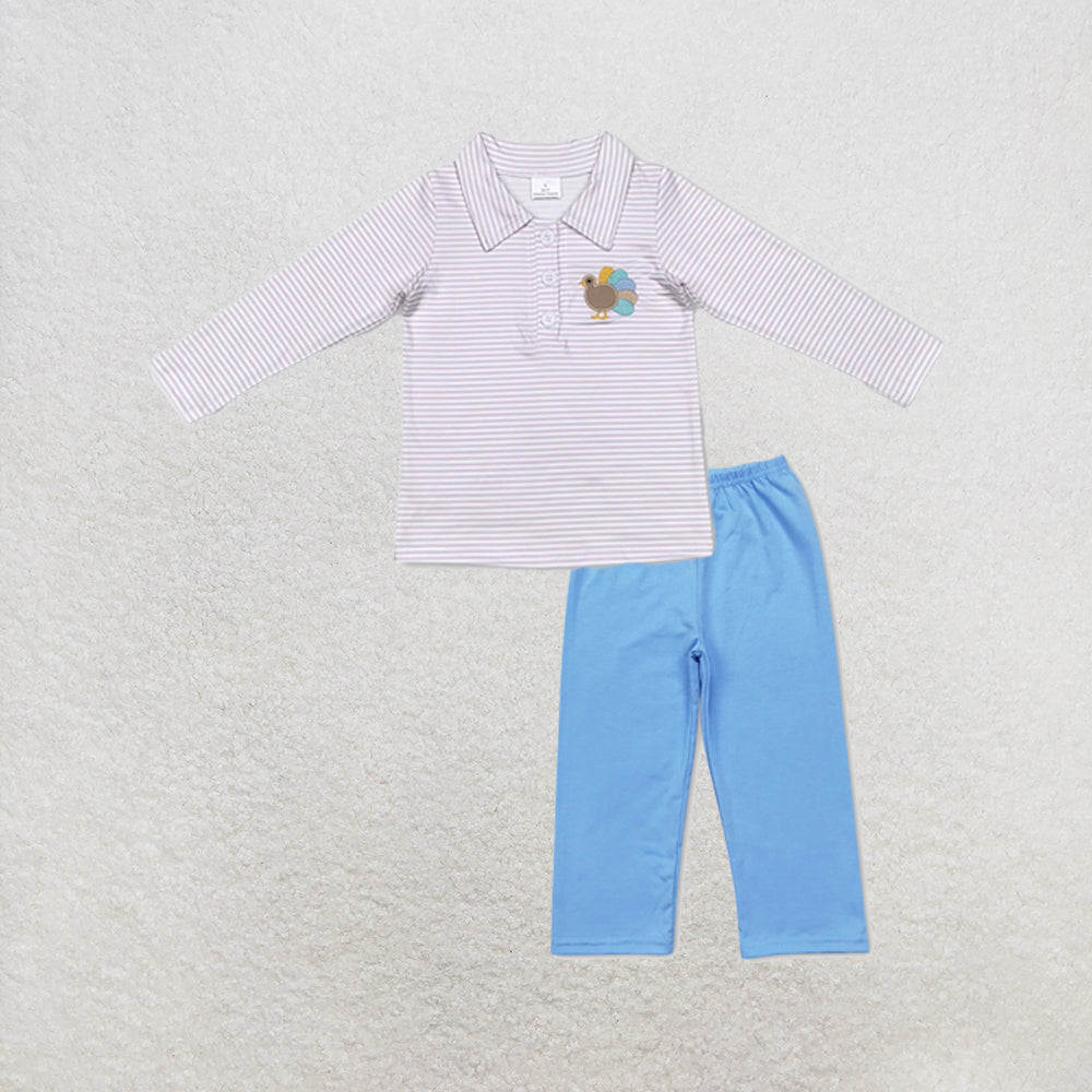 RTS NO MOQ Sibling milk silk Baby Girls Boys Striped Turkey Embroidery Long Sleeve Sibling Matching Thanksgiving Outfit Set