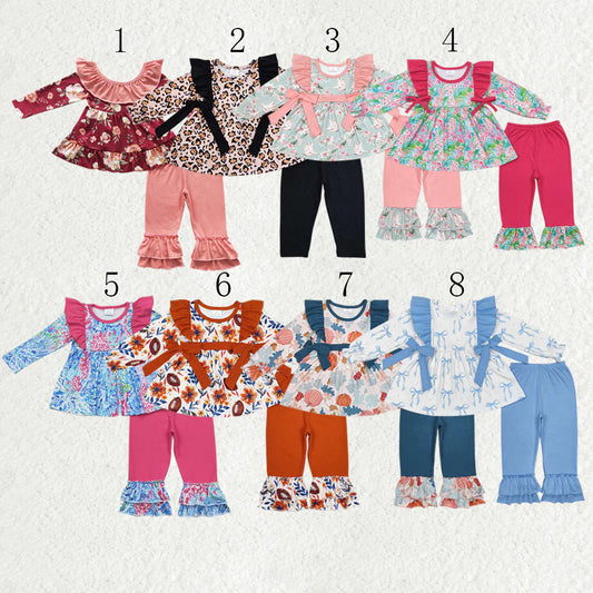 10.2 RTS Sibling Baby Girls Long Sleeves Floral Bows Tunic Ruffle Pants Clothes Sets