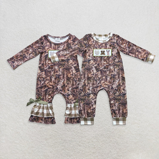 USA Warehouse (IN STOCK) Long Sleeves Camouflage Deer Ruffle Romper for Baby Girls And Boys Cute Wild Animal Print Outfit with Pockets