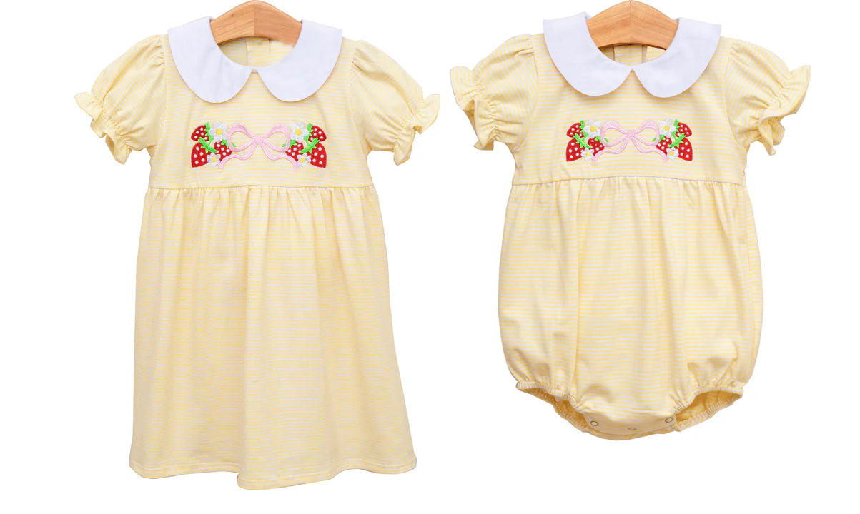 Baby Girls Dress Short Sleeves Yellow Stripe Strawberry Bow Cute Fashionable Kids Clothing for Girls