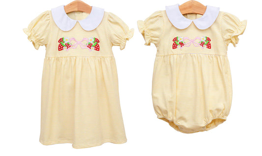 Baby Girls Dress Short Sleeves Yellow Stripe Strawberry Bow Cute Fashionable Kids Clothing for Girls
