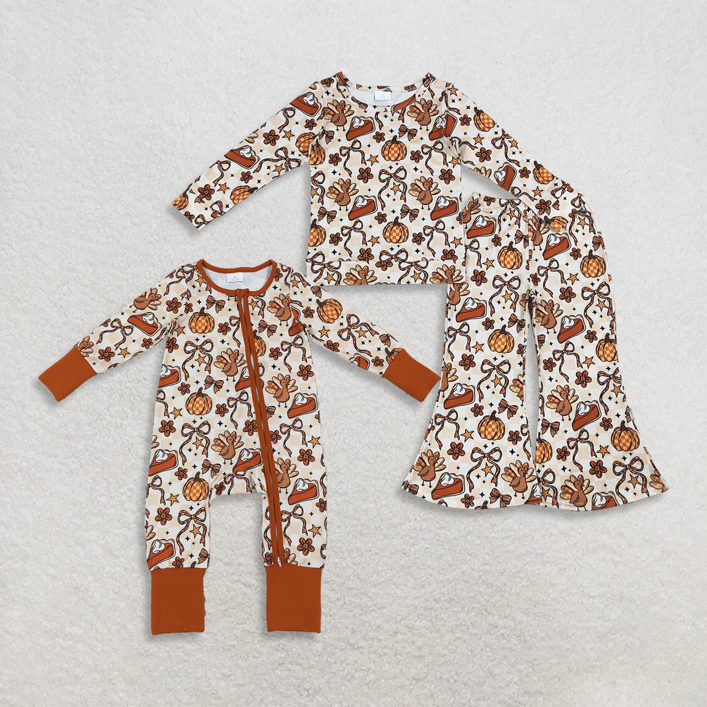 RTS NO MOQ Sibling milk silk Baby Girls Pink Bow Pumpkin Top Pants Pajamas Clothes Set Two Way Zip Convertible Rompers（副本）