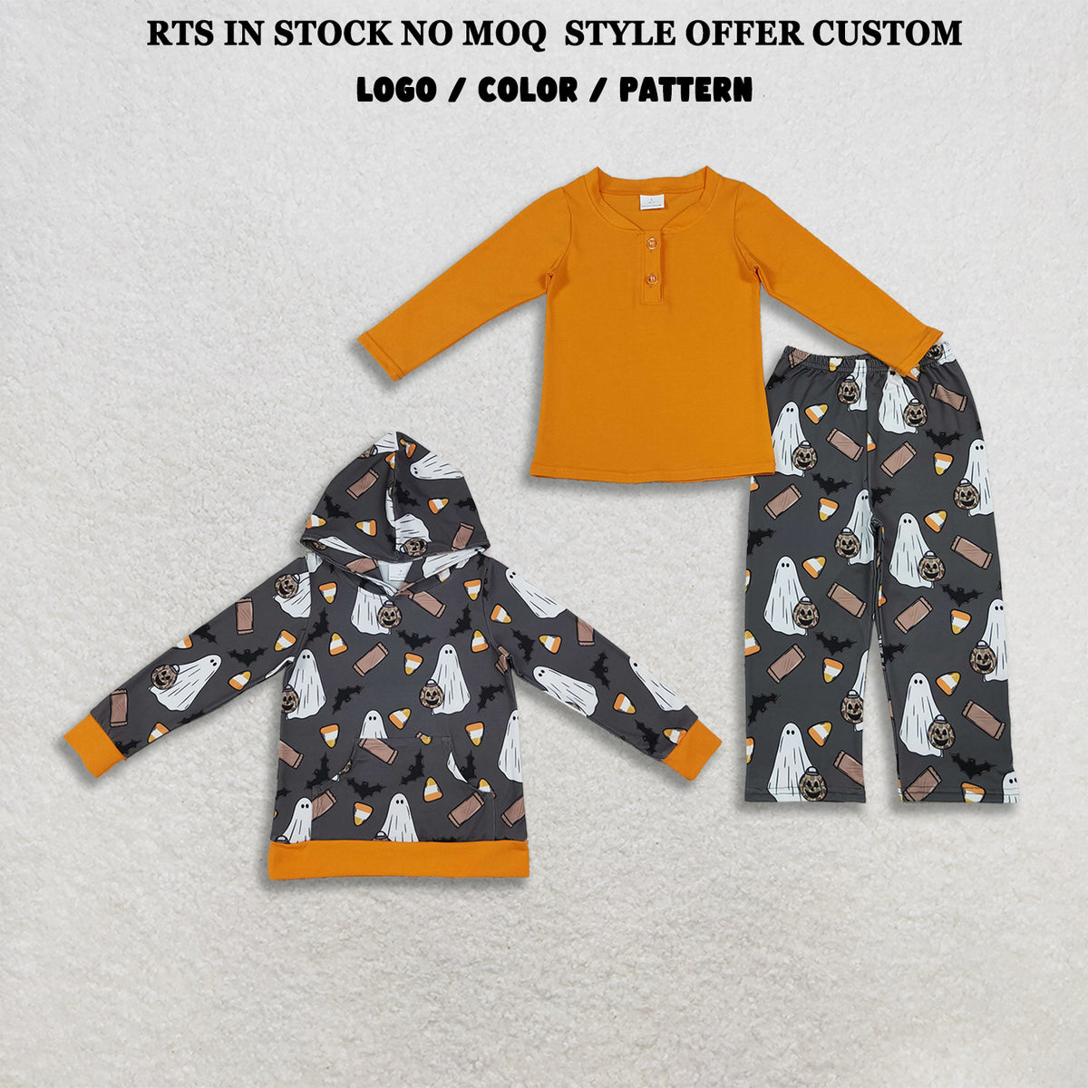 RTS NO MOQ Sibling milk silk Baby Boys Halloween Ghost Candy Corn Print Hooded Jacket And Solid Orange Top With Matching Pants Casual Set