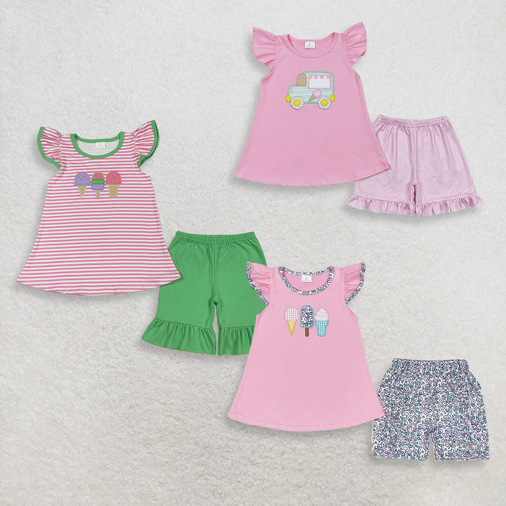 RTS NO MOQ （In stock ）Pink ice cream top ruffle shorts girls summer clothes