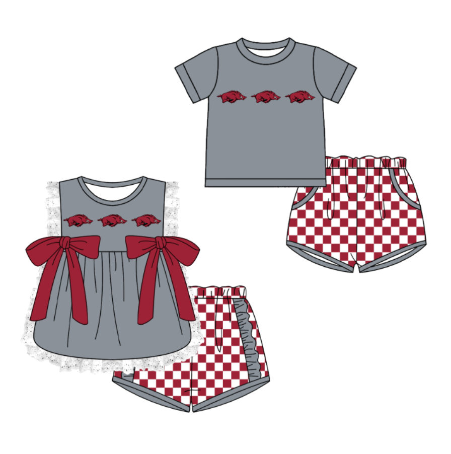 CUSTOM MOQ 5 Cute Comfortable Clothing For Kids Sibling Boys Baby Girls Summer Gray Top Checked Shorts Team Clothes Sets