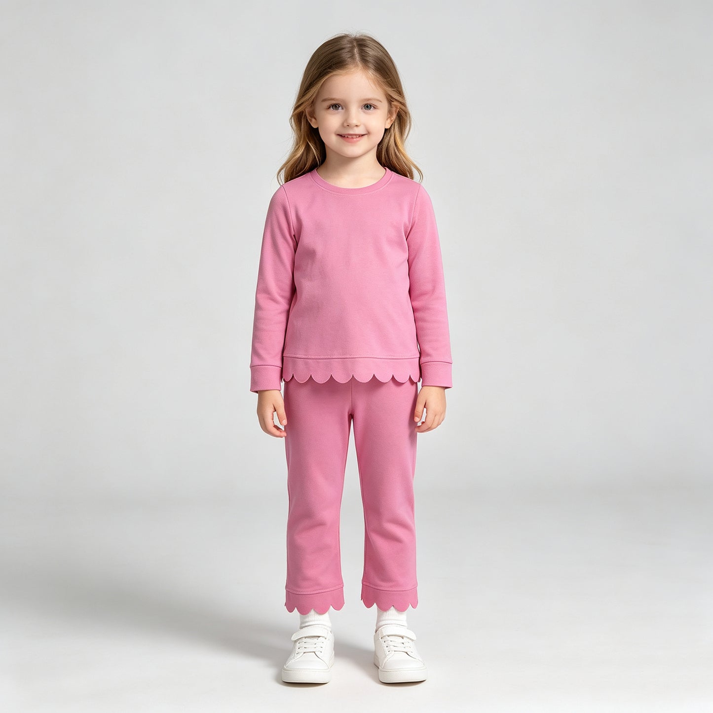 GLP3294 RTS NO MOQ （In stock）Hot pink cotton long sleeves scallop girls pajamas set