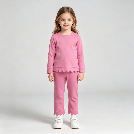 GLP3294 RTS NO MOQ （In stock）Hot pink cotton long sleeves scallop girls pajamas set