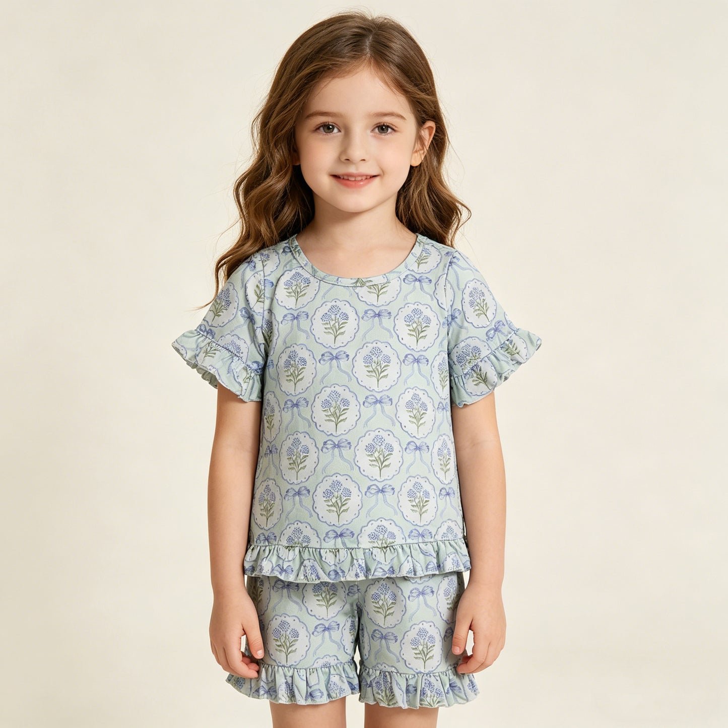 GSSO3323 RTS NO MOQ （In stock ）Short sleeves floral bow ruffle top shorts girls outfits