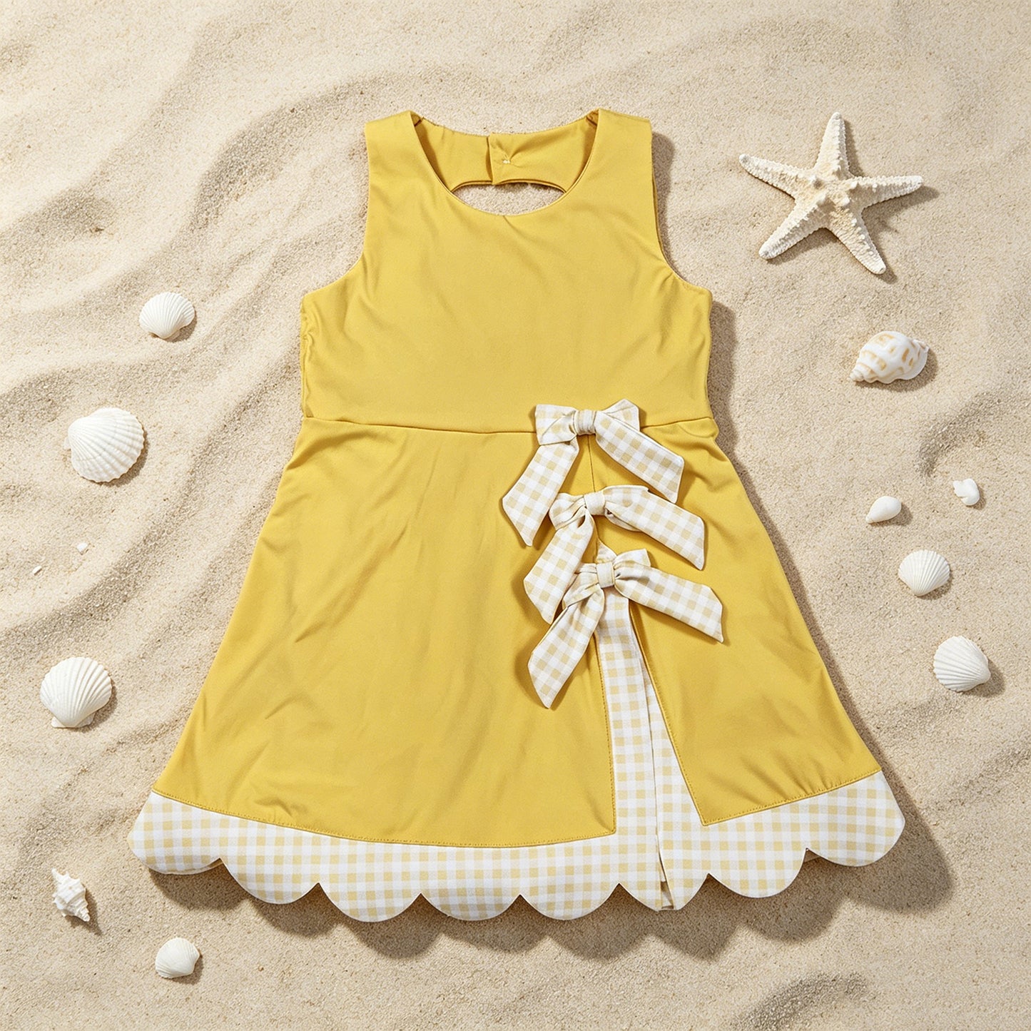 GSD3318 RTS NO MOQ （In stock ）Sleeveless bow yellow scallop girls athletic dress