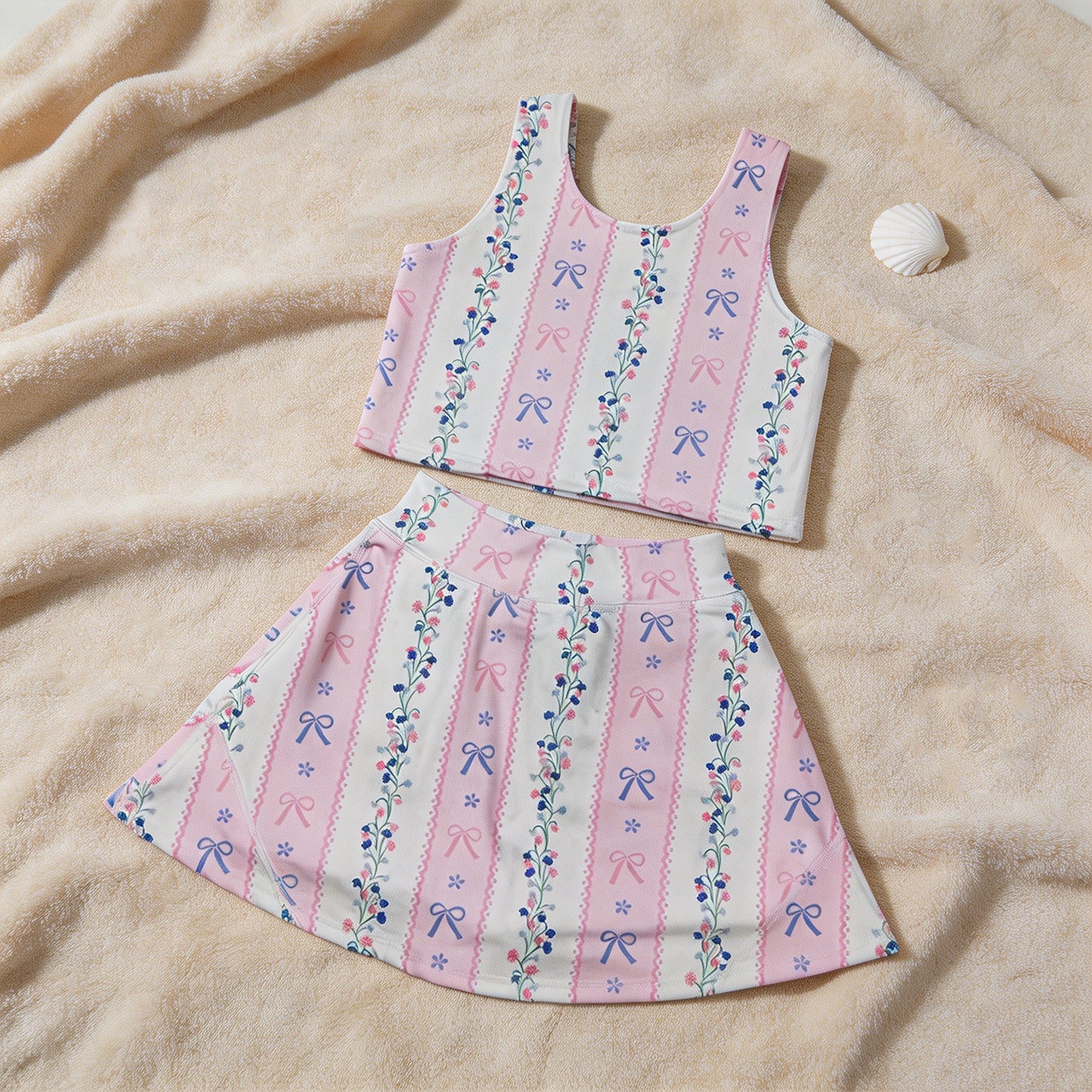 GSD2216 RTS NO MOQ （In stock ） Baby Girls Pink Sleeveless Bows Floral Top Skort Yoga Set