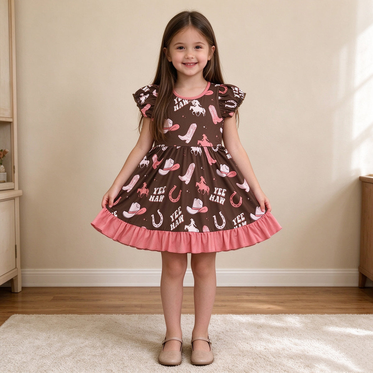 RTS NO MOQ （In stock）milk silk GSD0748 Baby Girls Boots Yee Haw Western Ruffle Knee Length Dresses