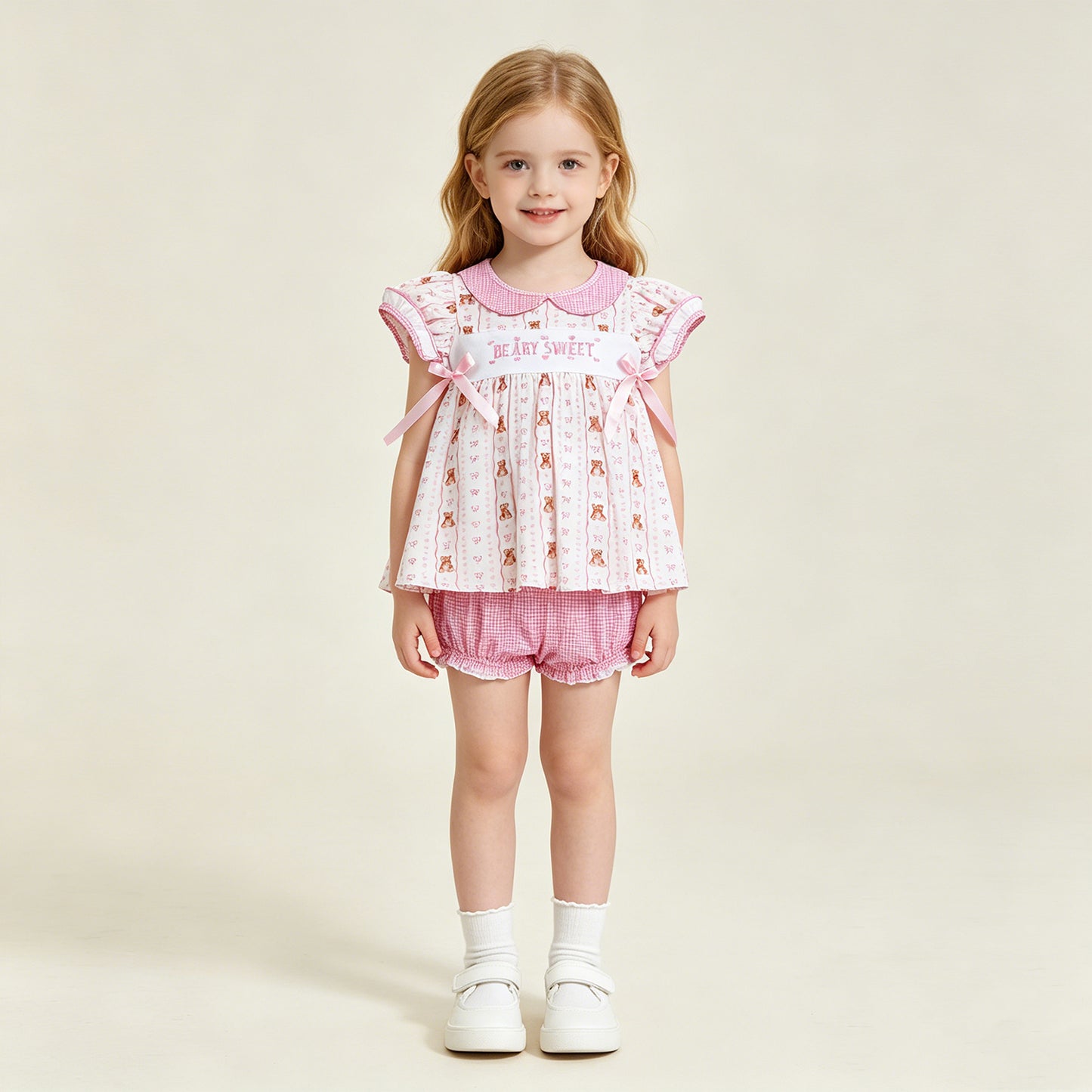 GBO0520 RTS NO MOQ （In stock）Embroidery Be Ary Sweet Baby Girls Heart Bears Stripe Tunic Bummies Clothes Sets