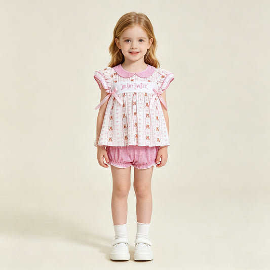 GBO0520 RTS NO MOQ （In stock）Embroidery Be Ary Sweet Baby Girls Heart Bears Stripe Tunic Bummies Clothes Sets