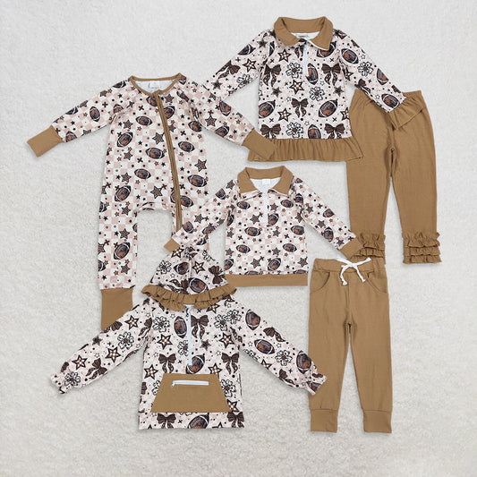 9.29 RTS Sibling Baby Boys Girls Khaki Checked Footballs Pullovers Pockets Pants Team Clothes Sets Zipper Footie Rompers