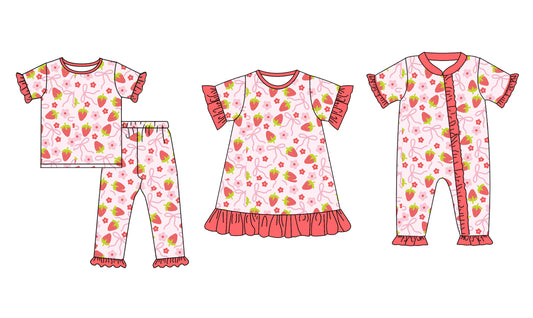 Baby Girls Red Bow Strawberry Ruffle Knee Length Dress - Short Sleeve Long Pants Set - Romper Mixed Sizes Pre-Order