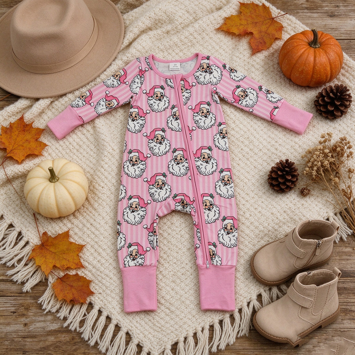 RTS NO MOQ （In stock）milk silk LR3125 Baby Girls Pink Stripe Santa Christmas Two Way Zip Convertible Rompers