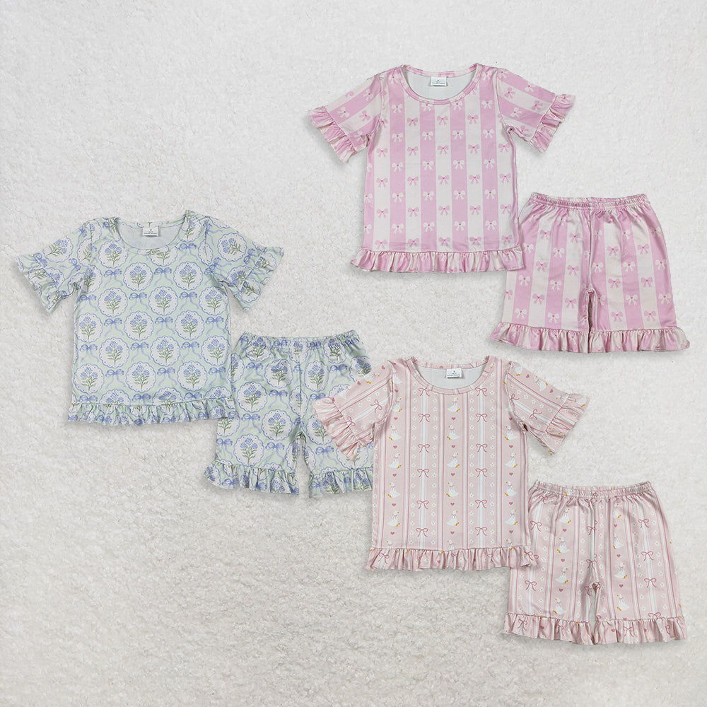RTS NO MOQ （In stock ）Short sleeves goose bow floral top shorts girls outfits