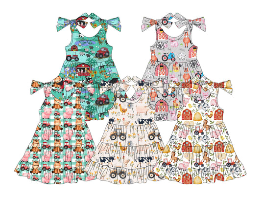 Girls Patchwork Farm Dress Green Plaid Straps Pig Tractors Theme Children's Casual Skirt Spring/Summer Autumn