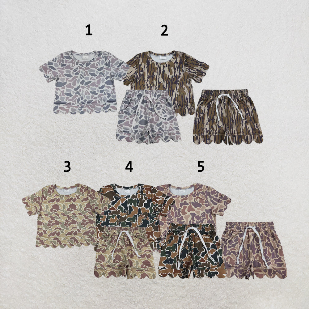 RTS Sibling Baby Girls Short Sleeve Shirts Top Pockets Short Scallop Clothes Sets