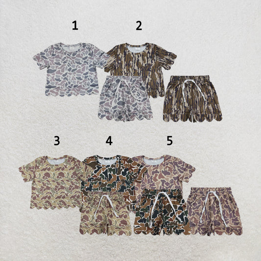 RTS Sibling Baby Girls Short Sleeve Shirts Top Pockets Short Scallop Clothes Sets