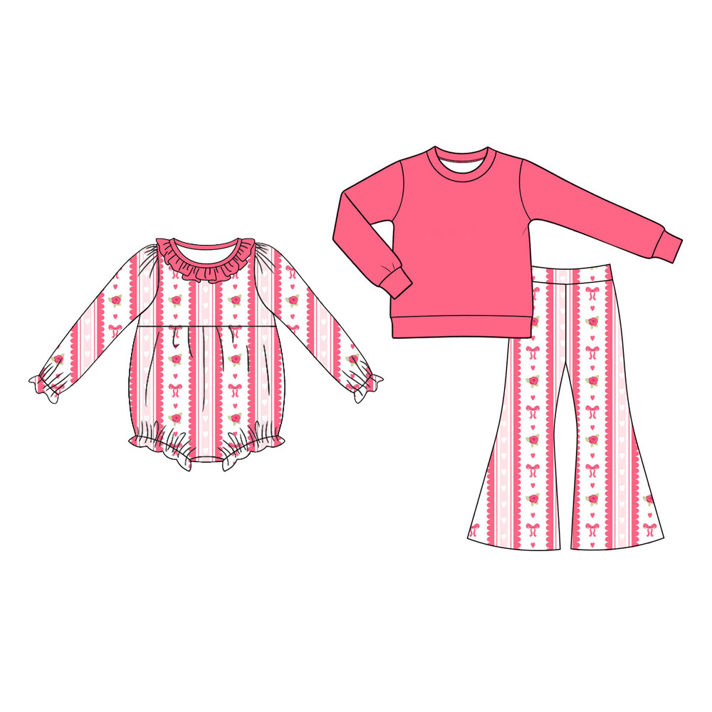 (Preorder new) No moq Baby Girls Pink Striped Rose Bow Print Bell Bottom Pants Solid Crew Neck Sweatshirt Clothes Set