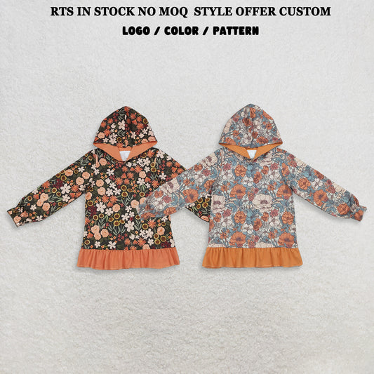 RTS NO MOQ Sibling milk silk Baby Girls Colorful Flowers Fall Ruffle Hoodies Top Autumn Long Sleeve Pullover Hooded Tops