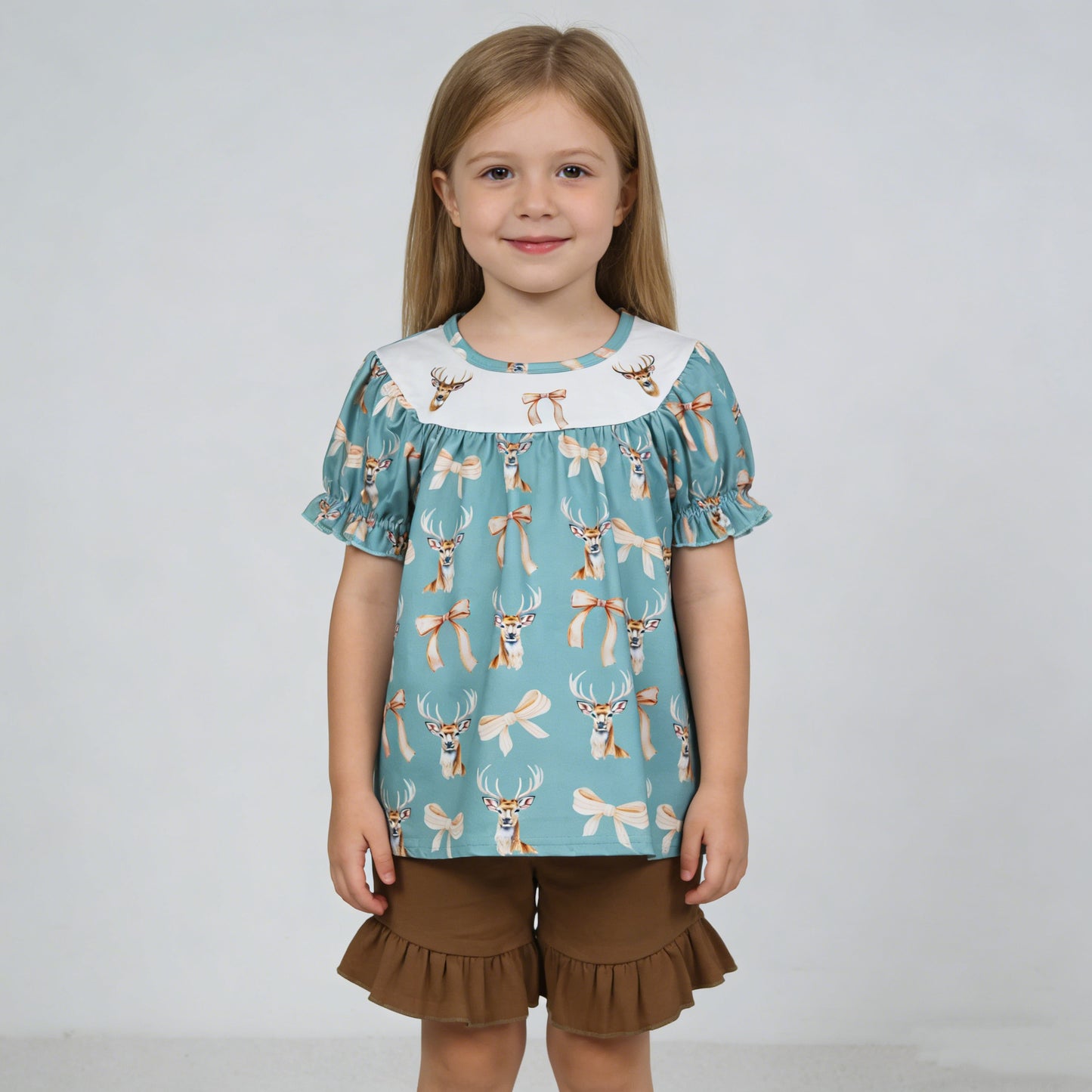 4.9 GSSO3212 RTS NO MOQ （In stock ）Short sleeves deer bow tunic ruffle shorts girls outfits