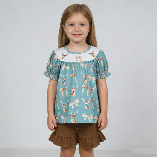 4.9 GSSO3212 RTS NO MOQ （In stock ）Short sleeves deer bow tunic ruffle shorts girls outfits