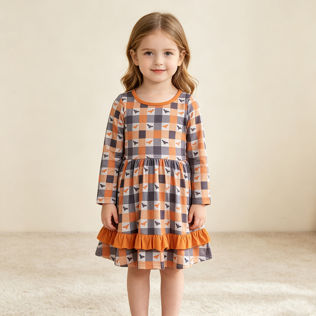 RTS NO MOQ （In stock）milk silk GLD1707 Baby Girls Bats Checked Ruffle Halloweens Knee Length Dress
