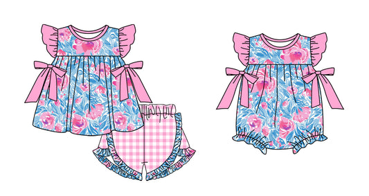 Baby Infant Girls Blue Pink Flowers Bows Rompers  and short sleeve short pants suits