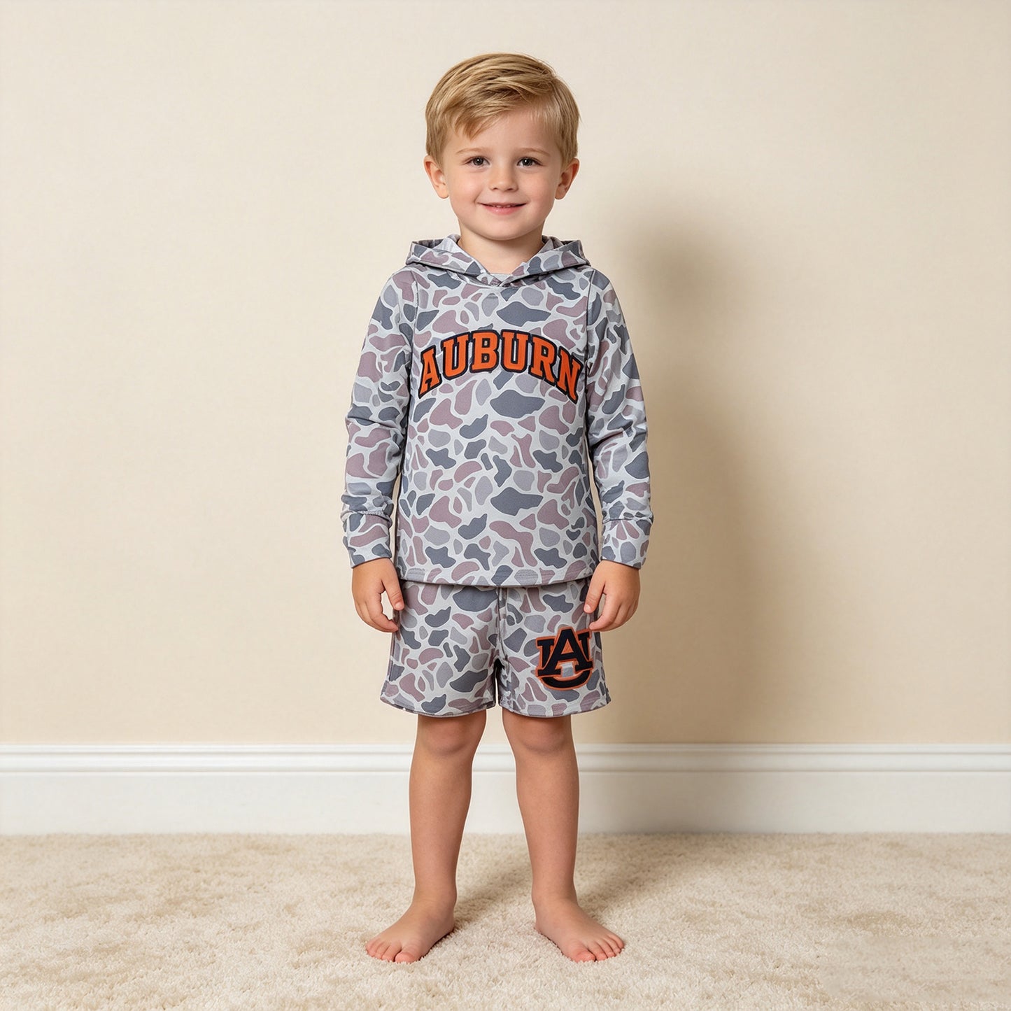 RTS NO MOQ （In stock）BLS0041 milk silk Baby Boys Grey Camo Auburn Long Sleeve Hoodie Short Team Clothes Set