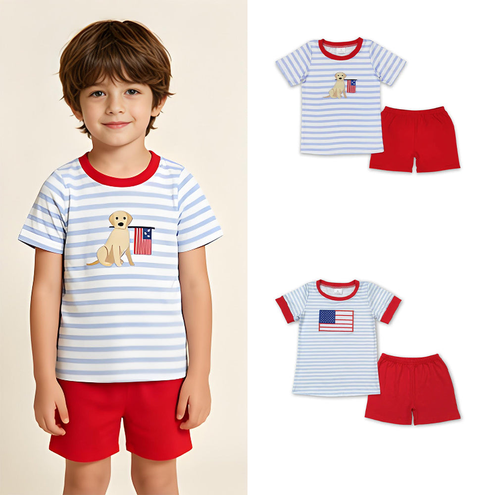 RTS Sibling Dog flag stripe shirt red shorts boys 4th of july clothes