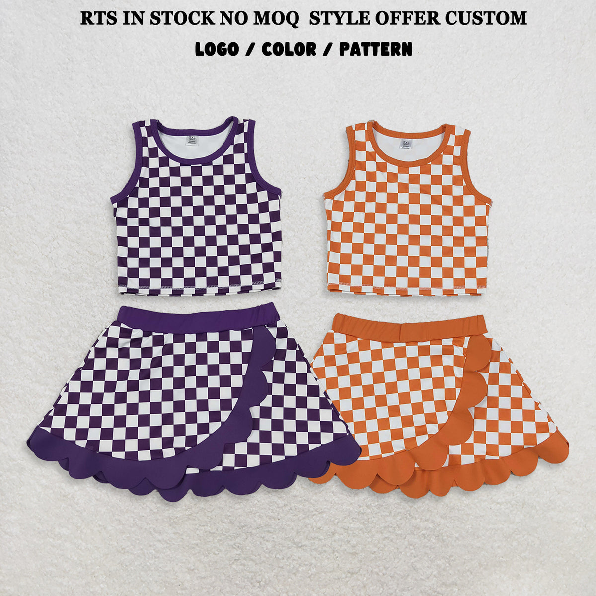 RTS NO MOQ Sibling milk silk Sibling Baby Girls Colorful Checked Vests Scallop Skirt Short Yoga Active Clothes Sets