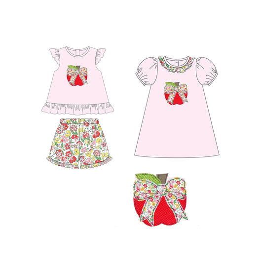 Girls Floral Ruffle Pink Apple Bow Dress Cute Back to School Outfit for Kids