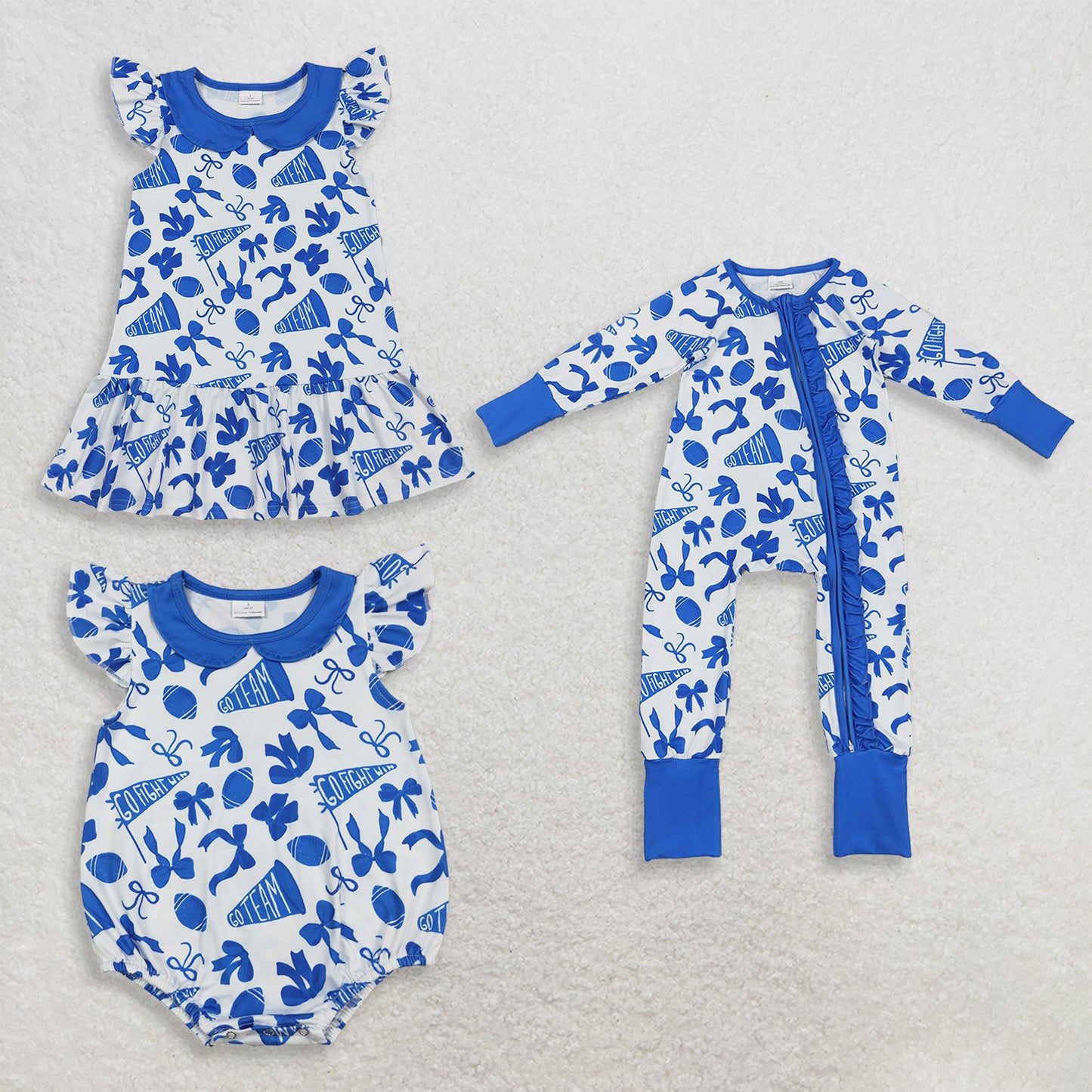 RTS Sibling Flutter sleeves blue bow football go team kids girls dresses and romper