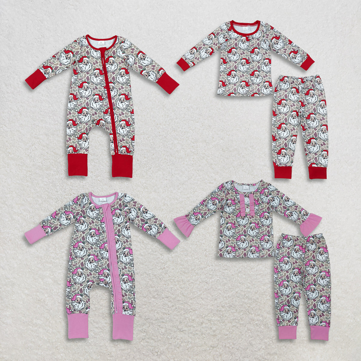 RTS NO MOQ Sibling milk silk Baby Girls And Boys Santa Camo Print Christmas Zipper Romper And Long Sleeve Ruffle Top Pants Pajamas Clothes Set